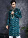 Men's Peacock Blue Chikankari Embroidered Kurtas-KO-5042Peacock