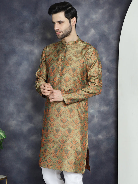 Men Golden Silk Blend Straight Kurtas-KO-5043Golden