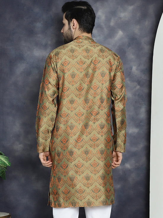 Men Golden Silk Blend Straight Kurtas-KO-5043Golden