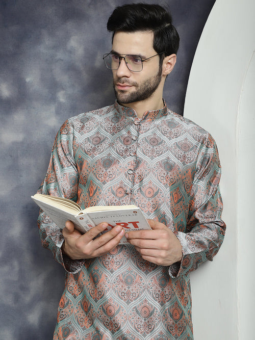 Men Silver Silk Blend Straight Kurtas-KO-5043Silver