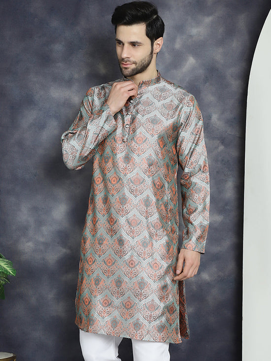 Men Silver Silk Blend Straight Kurtas-KO-5043Silver