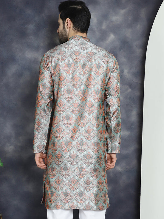 Men Silver Silk Blend Straight Kurtas-KO-5043Silver