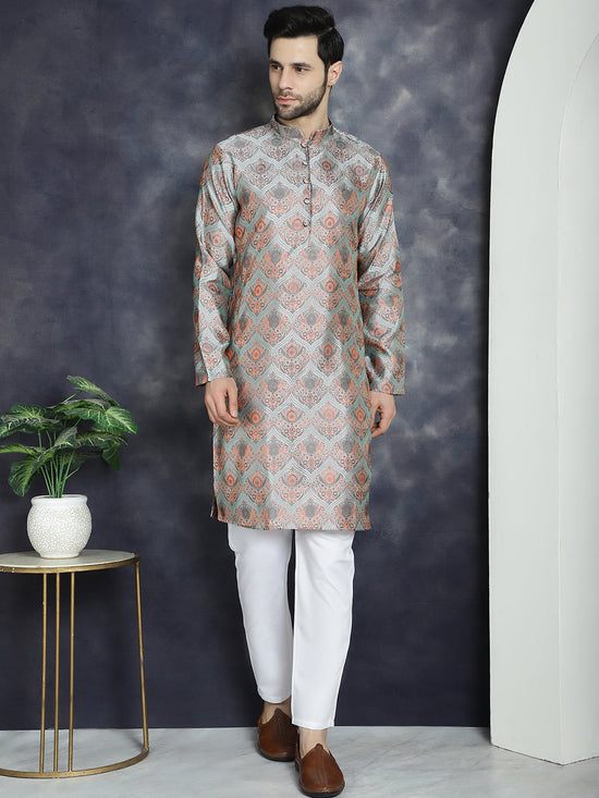 Men Silver Silk Blend Straight Kurtas-KO-5043Silver