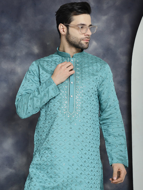 Men's Sequins Embroidered Kurtas-KO-5044Blue