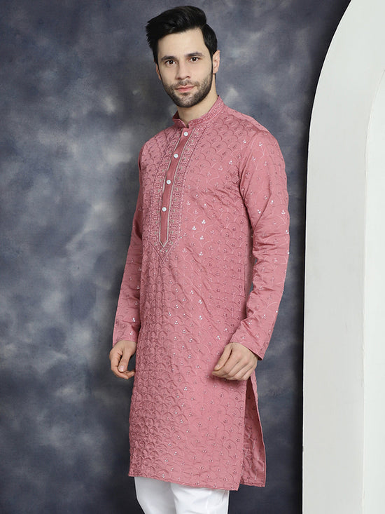 Men's Sequins Embroidered Kurtas-KO-5044Coral