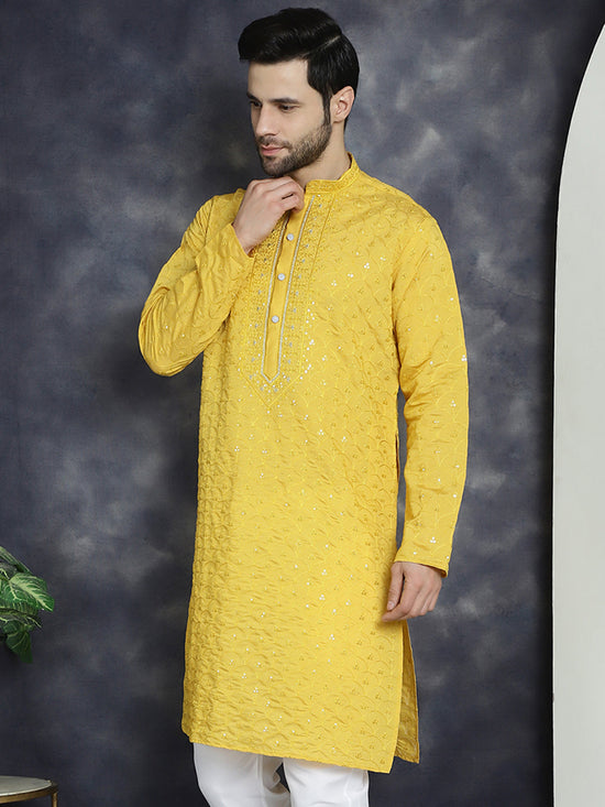 Men's Sequins Embroidered Kurtas-KO-5044Mustard