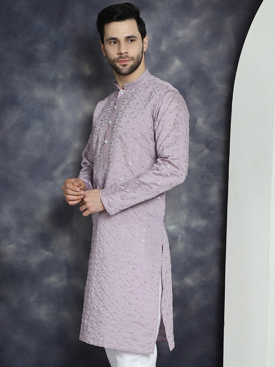 Men's Sequins Embroidered Kurtas-KO-5044Purple