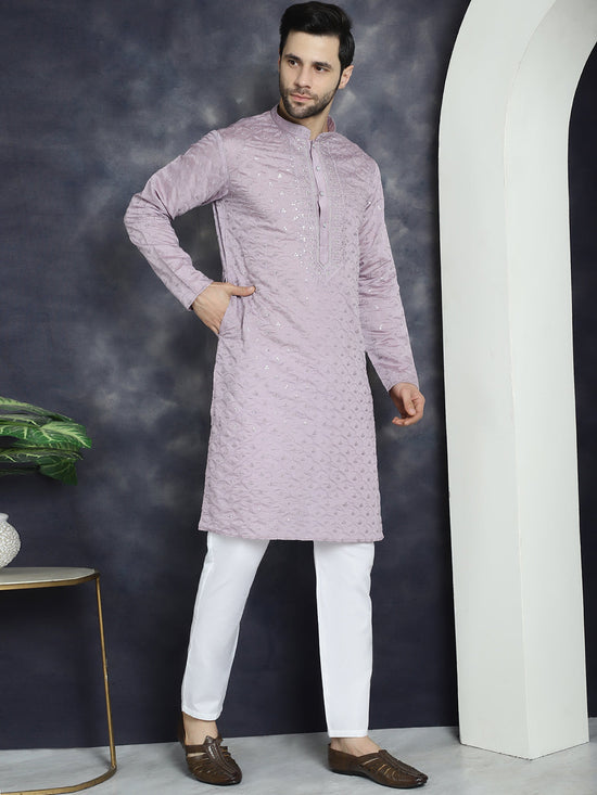 Men's Sequins Embroidered Kurtas-KO-5044Purple