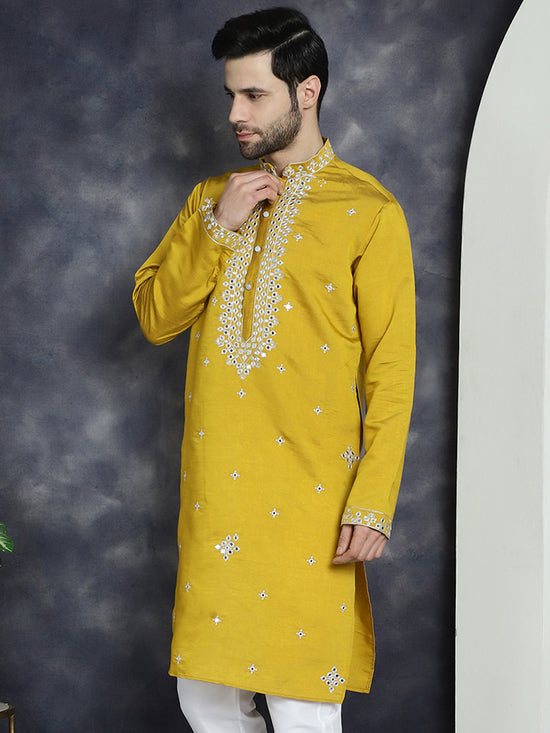 Men's Embroidered Kurtas-KO-5045Mustard