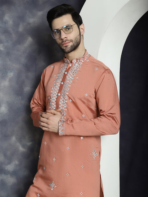 Men's Embroidered Kurtas-KO-5045Peach