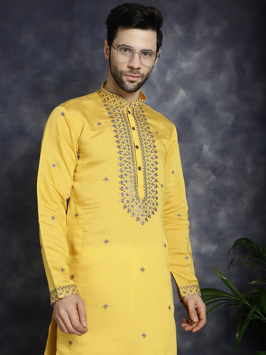 Men's Sequins Embroidered Kurtas-KO-5046Yellow