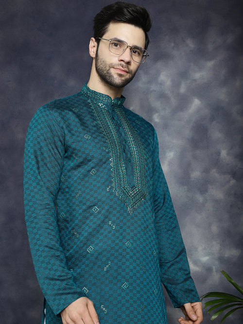 Men's Sequins Embroidered Kurtas-KO-5047Teal