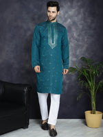 Men's Sequins Embroidered Kurtas-KO-5047Teal