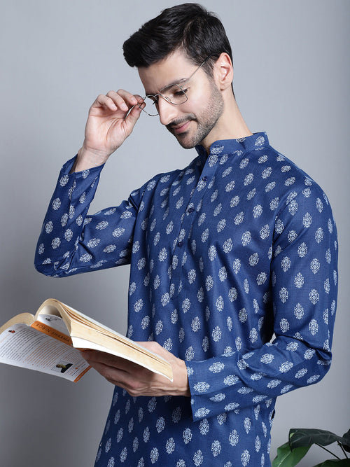 Men's Cotton Floral printed kurtas-KO-650Navy