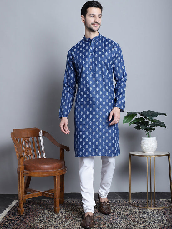 Men's Cotton Floral printed kurtas-KO-650Navy