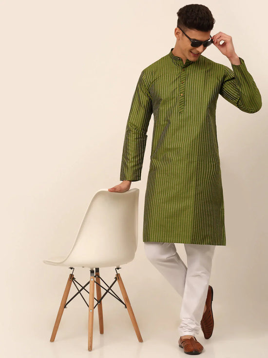 Men Olive Green Embroidered Design Kurtas-KO-666Olive