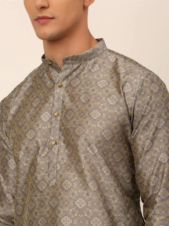 Men Grey Floral Printed Kurtas-KO-669Grey