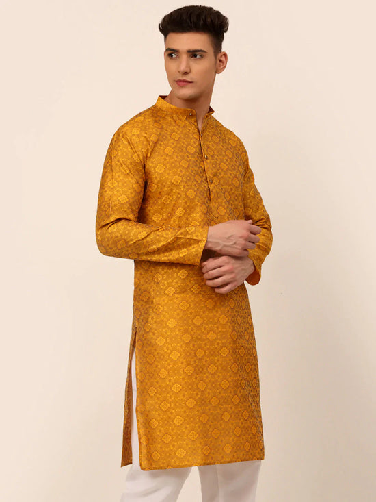 Men Mustard Yellow Floral Printed Kurtas-KO-669Mustard