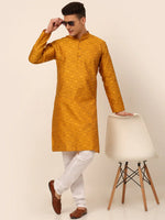 Men Mustard Yellow Floral Printed Kurtas-KO-669Mustard