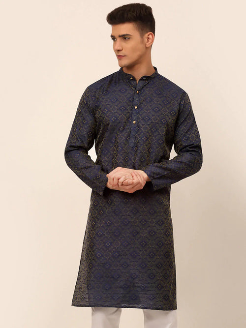 Men Navy Blue Floral Printed Kurtas-KO-669Navy