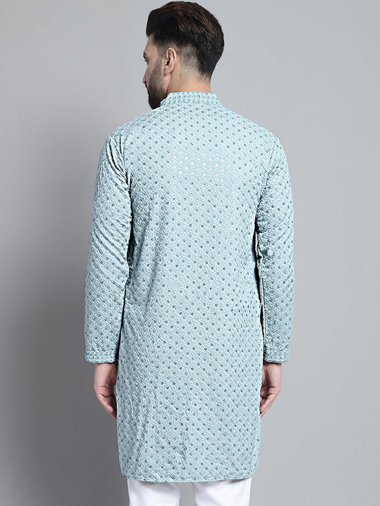 Men Blue Chikankari Embroidered and Sequence Kurtas-KO-678Light-Blue