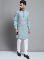 Men Blue Chikankari Embroidered and Sequence Kurtas-KO-678Light-Blue