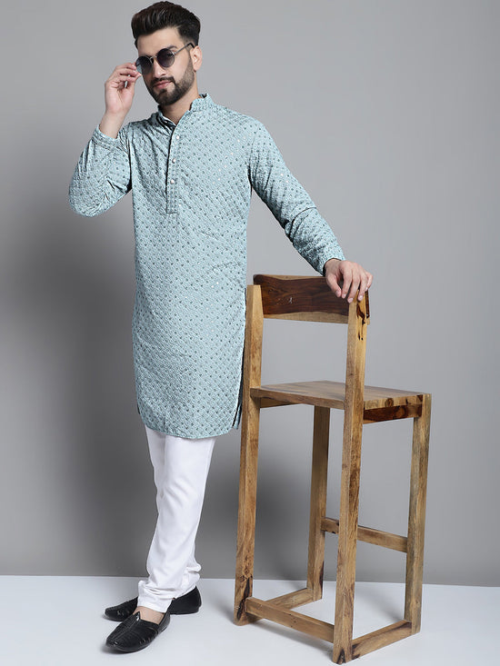 Men Blue Chikankari Embroidered and Sequence Kurtas-KO-678Light-Blue