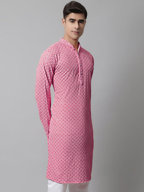 Men Pink Chikankari Embroidered and Sequence Kurtas-KO-678Pink