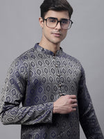 Men Ethnic Navy Blue Woven Design Kurtas-KO-681Navy