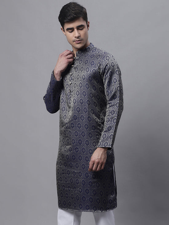 Men Ethnic Navy Blue Woven Design Kurtas-KO-681Navy