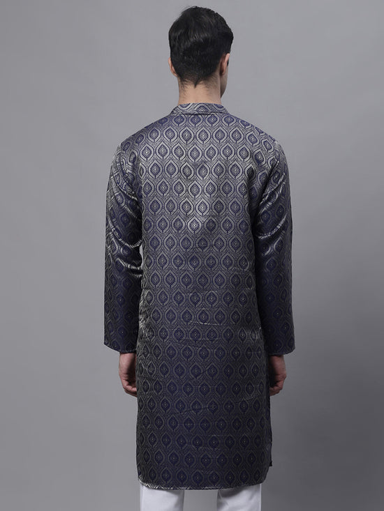 Men Ethnic Navy Blue Woven Design Kurtas-KO-681Navy