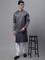 Men Ethnic Navy Blue Woven Design Kurtas-KO-681Navy