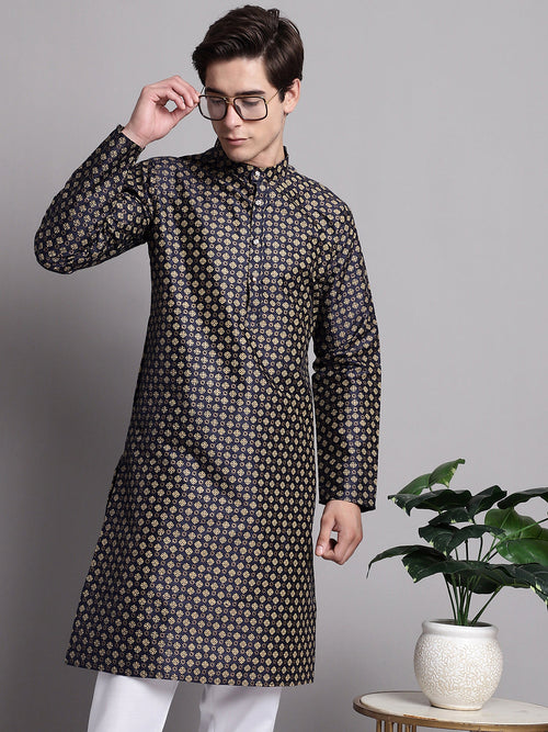 Men's Navy Blue Printed Silk Blend Kurta-KO-686Navy