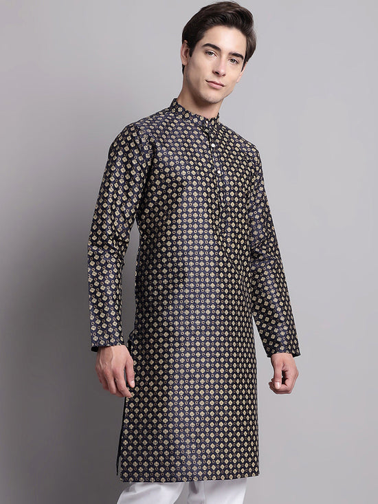 Men's Navy Blue Printed Silk Blend Kurta-KO-686Navy