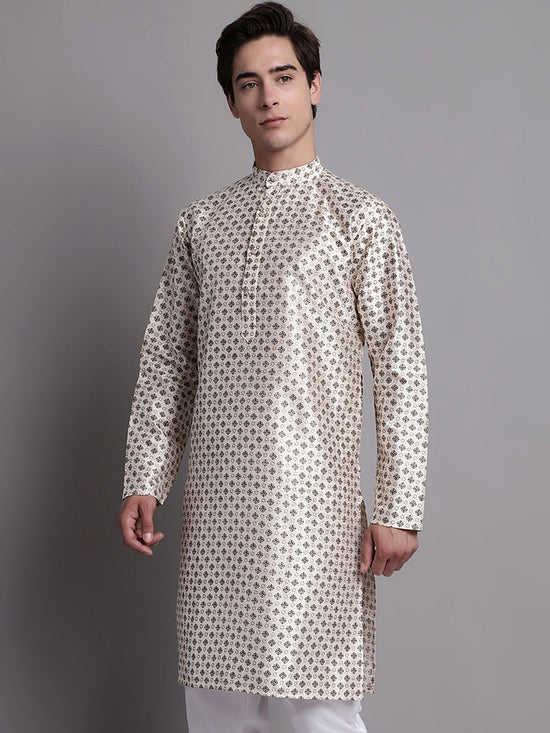 Men's Grey Printed Silk Blend Kurta-KO-686White