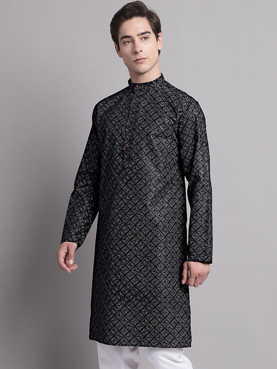 Men's Black Printed Pure Cotton Kurta-KO-687Black