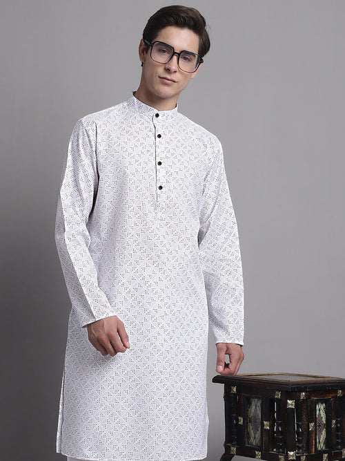 Men's White Printed Pure Cotton Kurta-KO-687White