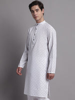 Men's White Printed Pure Cotton Kurta-KO-687White