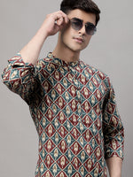 Men's Blue and Maroon Ikkat Printed Short Kurtas-KO-688Teal