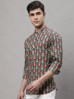 Men's Blue and Maroon Ikkat Printed Short Kurtas-KO-688Teal