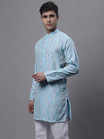 Men's Sky Blue and Multi Coloured Embroidered Straight Kurtas-KO-689Sky