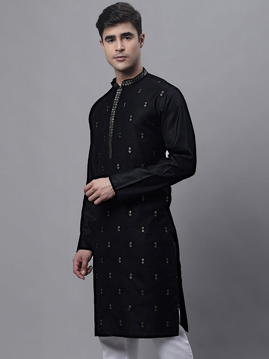 Men's Black Embroidered Straight Kurtas-KO-690Black