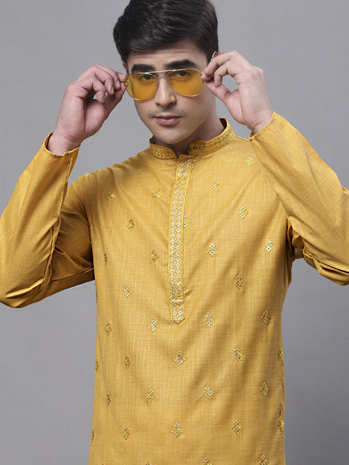 Men's Mustard Embroidered Straight Kurtas-KO-690Mustard