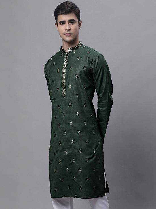 Men's Olive Green Embroidered Straight Kurtas-KO-690Olive