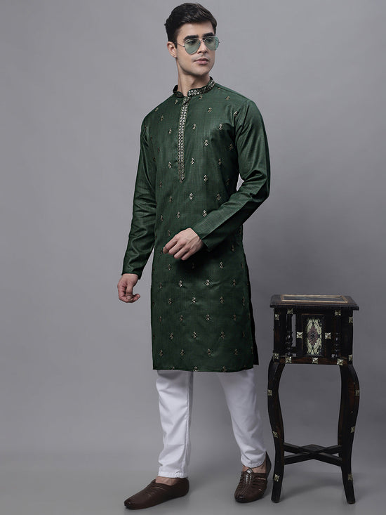 Men's Olive Green Embroidered Straight Kurtas-KO-690Olive