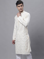 Men's White Embroidered Straight Kurtas-KO-690White