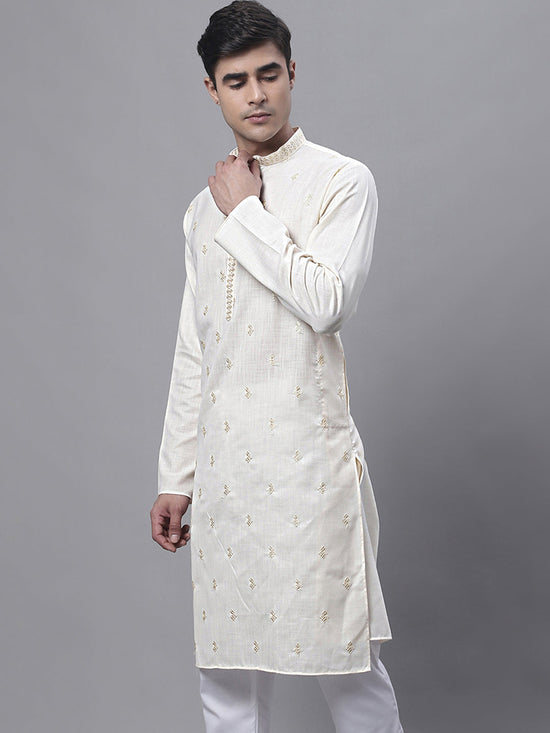 Men's White Embroidered Straight Kurtas-KO-690White