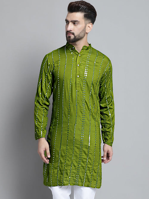 Men's Embroidered Mirror Work Kurtas-KO-694Olive