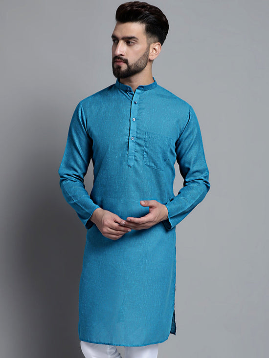 Men's Solid Pure Cotton Kurtas-KO-697Peacock