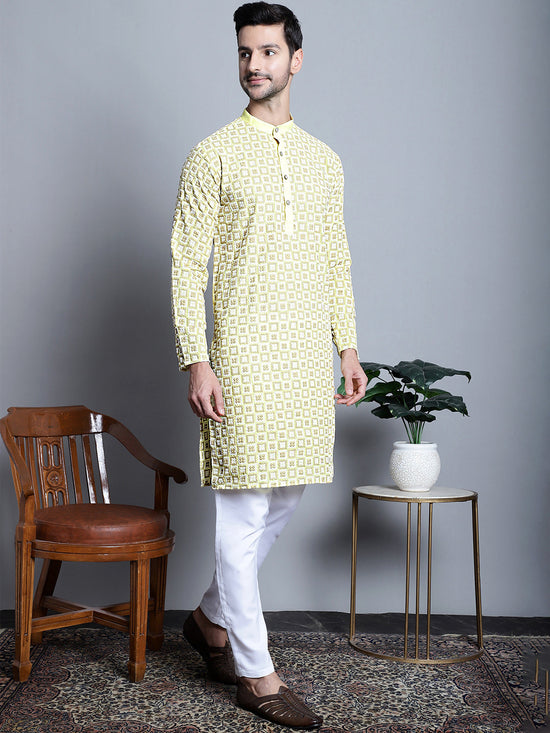 Men's Yellow Embroidered Kurtas.-KO-699Yellow